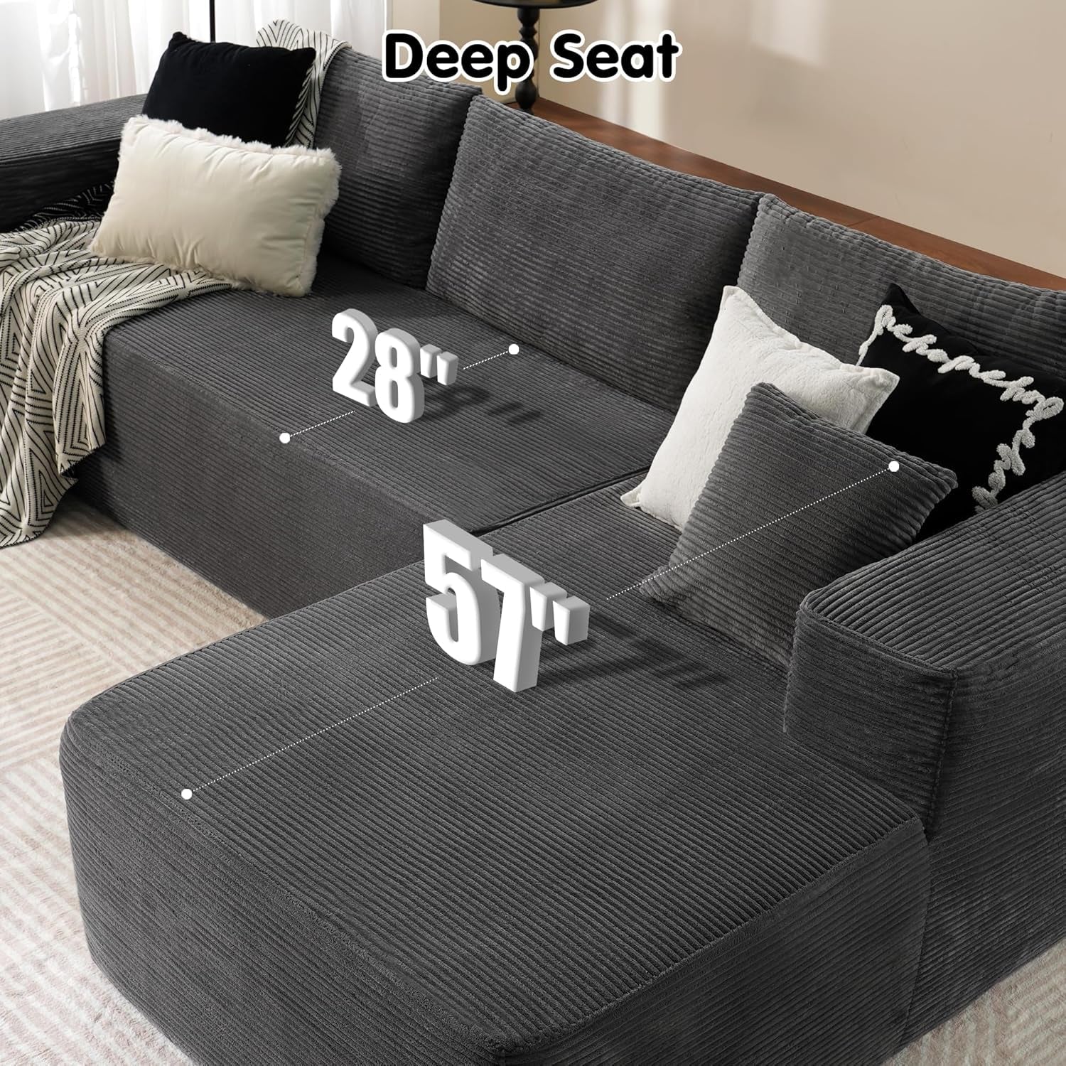 104" Cloud Sectionl Couch with L-Shpe Chise,Modern Modulr Sof with Deep Set, Upholstered Couches for Living Room Bedroom,No ssembly Required, Grey (Corduroy Fbric)
