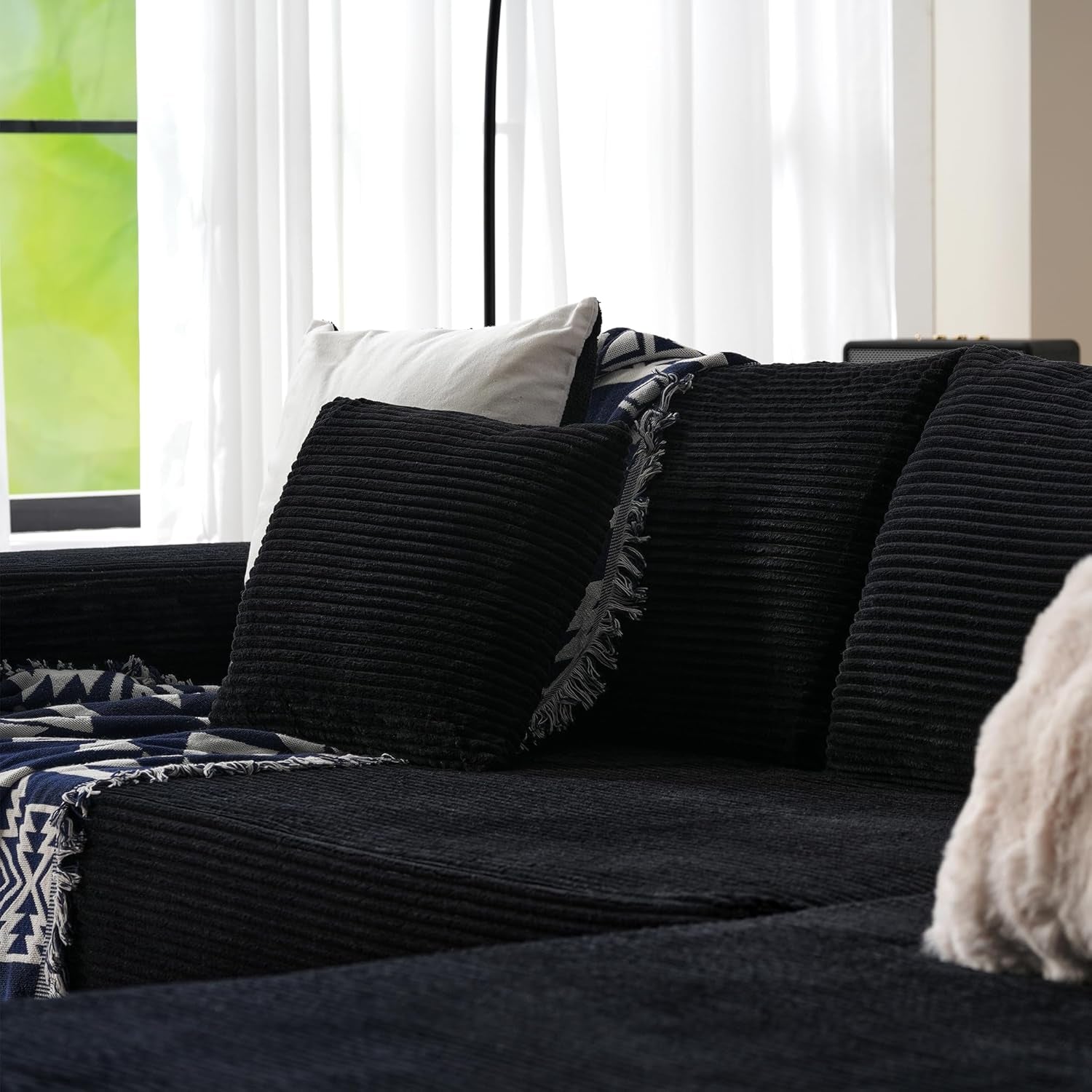 104" Cloud Sectionl Couch with L-Shpe Chise,Modern Modulr Sof with Deep Set, Upholstered Couches for Living Room Bedroom,No ssembly Required, Blck (Corduroy Fbric)