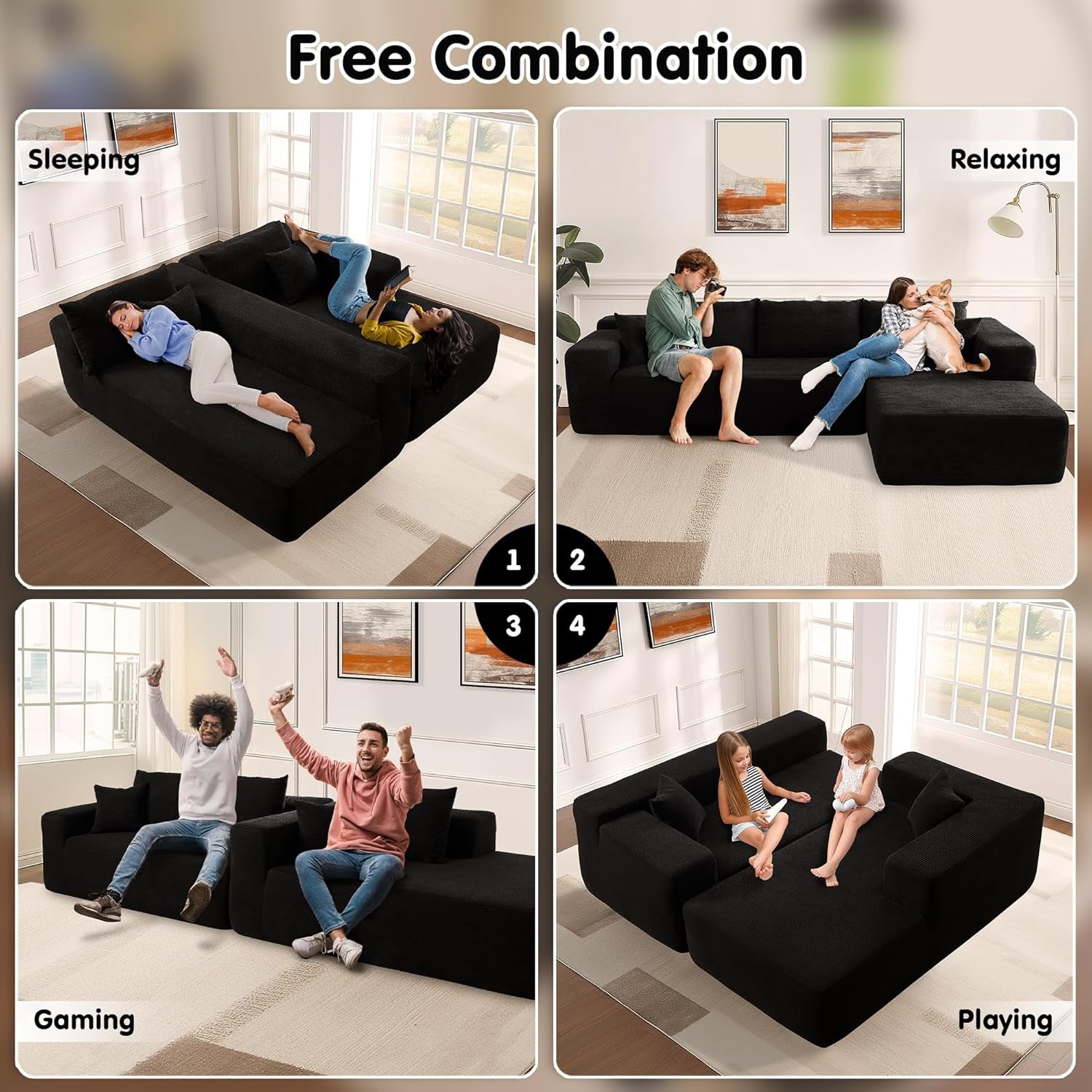 104" Cloud Sectionl Couch with L-Shpe Chise,Modern Modulr Sof with Deep Set, Upholstered Couches for Living Room Bedroom,No ssembly Required, Blck (Corduroy Fbric)