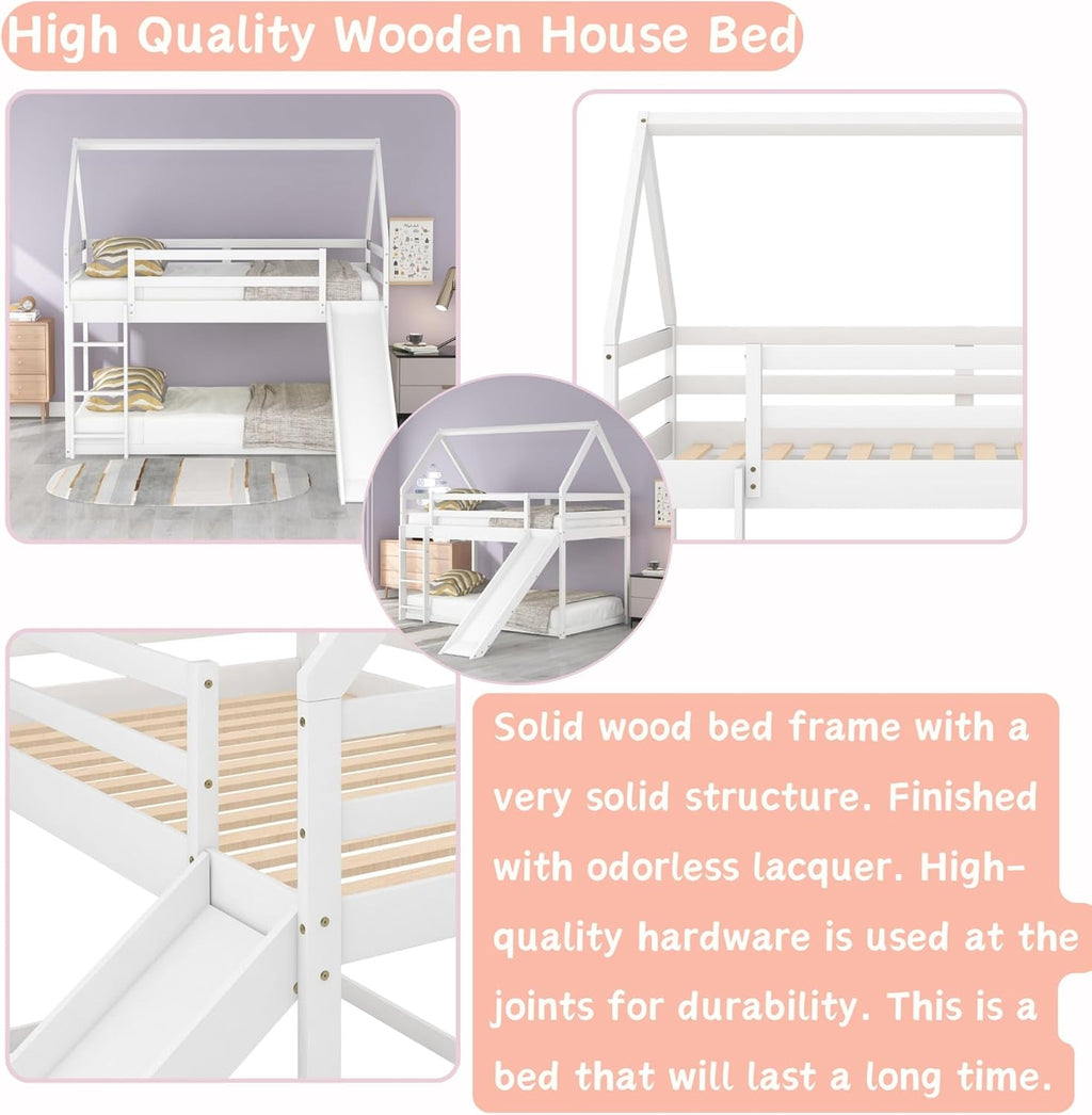 Twin Bunk Beds for Kids,Wood House Bunk Bed Twin over Twin,Kids Bunk Bed with Slide and Roof for Girls Boys,White-4