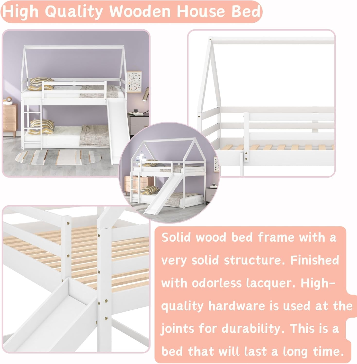Twin Bunk Beds for Kids,Wood House Bunk Bed Twin over Twin,Kids Bunk Bed with Slide and Roof for Girls Boys,White-4