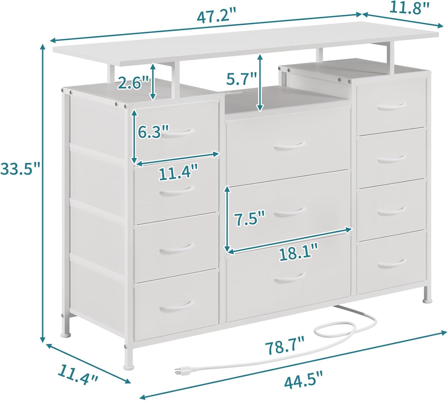11 Drawers Dresser with Fabric Drawers,Charging Station, LED Lights and Shelves for Bedroom Storage Organization