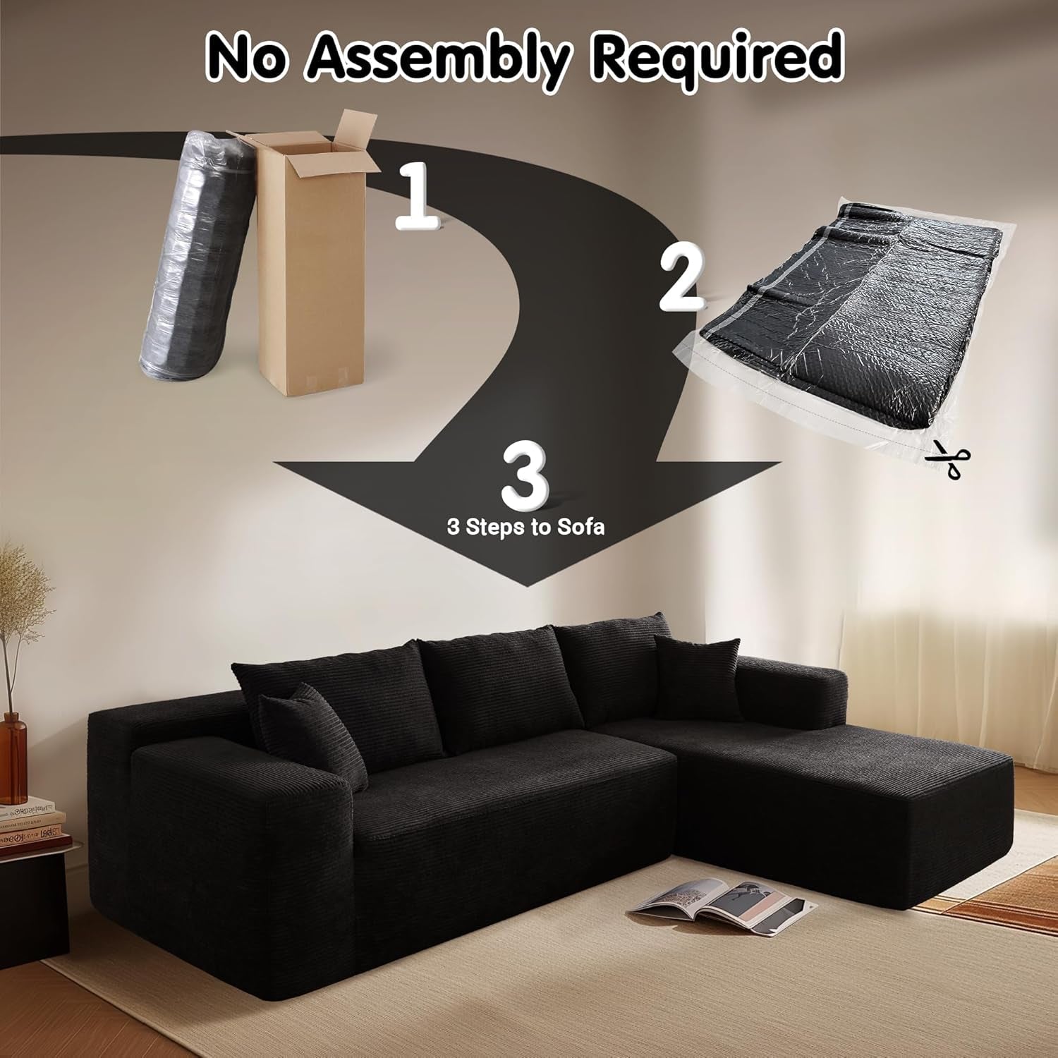 104" Cloud Sectionl Couch with L-Shpe Chise,Modern Modulr Sof with Deep Set, Upholstered Couches for Living Room Bedroom,No ssembly Required, Blck (Corduroy Fbric)