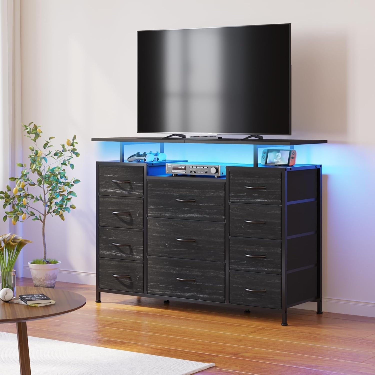 11 Drawers Dresser with Fabric Drawers,Charging Station, LED Lights and Shelves for Bedroom, Living Room, Hallway, Nursery Storage Organization (Black Wood Veins)